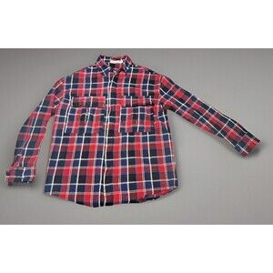 MNML Woven Flannel Plaid Shirt Pockets Men's Size Medium Red Blue Lumberjack